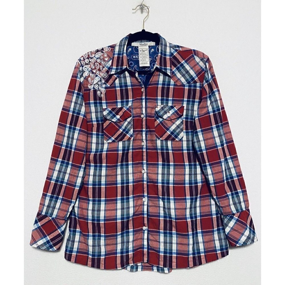 Disney Parks Button Up Top Womens Medium Red Blue Plaid Paisley Contrast Cuffs